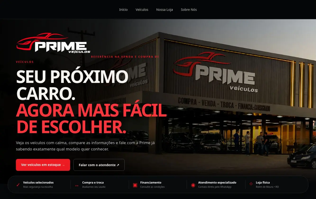 Homepage real da Prime Veículos